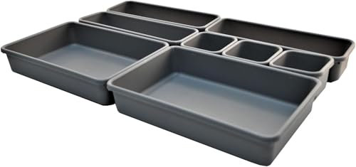Interlocking Drawer Organiser Set of 8 with 50Pcs Rubber Pads, Plastic Storage Trays Dividers for Kitchen Office Bathroom Cutlery Desk Clothing Make-Up Jewellery Stationery