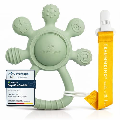 Baby Beißring mit Rassel & Clip – 100 % lebensmittelechtes Silikon, BPA-frei, zertifiziertes Beißspielzeug (0–24 Monate), Zahnungshilfe & sensorisches Lernspielzeug, Baby-Rassel, Geschenk zur Geburt