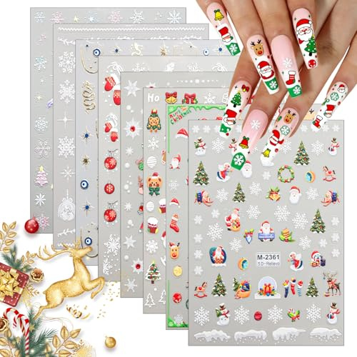 NO.1 Autocollants Ongles 5D Noël - 8 Feuilles d'Autocollants Ongles Auto-adhésifs avec Rennes, Flocons de Neige & Bonhommes de Neige pour Femmes et Filles