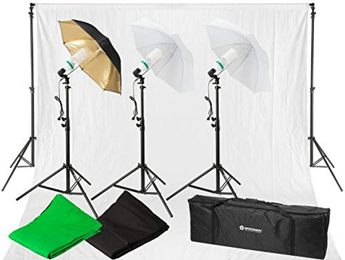 Bresser Fotostudio BR-2120 Tageslicht- und Hintergrund-Set 1600W mit Hintergrundsystem, Lampen, Stative und Schirme