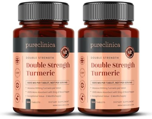 Dubbelstark Gurkmeja - 1000 mg x 360 tabletter (2 flaskor med 180 tabletter) - Naturliga nivåer av Curcumin - och 5 mg Svartpepparextrakt