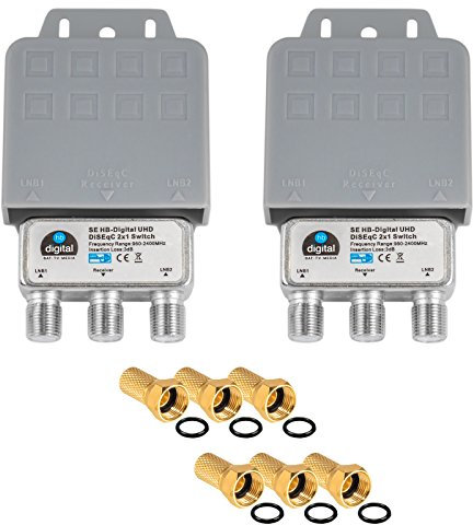 2X DiseqC Schalter Switch 2/1 mit Wetterschutzgehäuse HB-DIGITAL 2X SAT LNB 1 x Teilnehmer/Receiver für Full HDTV 3D 4K UHD + 6 x Vergoldete F-Stecker Vergoldet