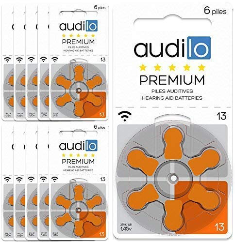 Audilo Premium Pilas para Audífonos 13 (PR48) | Compatibles con Todos los Audífonos [Aire de Zinc] [Sin Mercurio] [1.45V] 10 Tarjetas de 6 Batería de Audífono | Pilas Audífonos Naranja