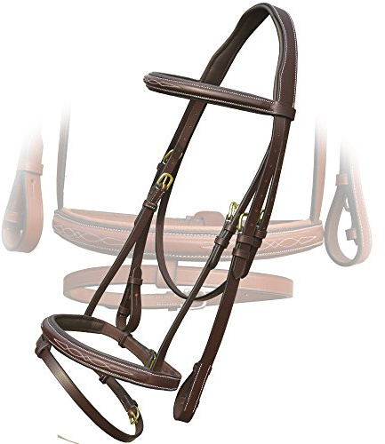 ExionPro Exion English Jumping Bridle with Flash & Rubber Reins – Anatomical Padded Horse Bridle – Premium Leather Designer Stitched Hunter Jumper Tack – Brass Buckles – Pony, Cob, Full, Warmblood