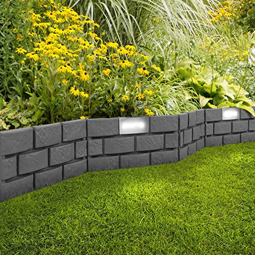 1,8 Meter LED leleuchtete Solar Beetumrandung Steinoptik 4 Stück je B45xH29 cm Beeteinfassung Rasenkante Beetumrandung Grau