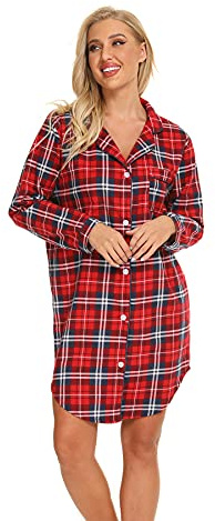 Misscoo Chemise de Nuit Femme en Coton à Manches Longues,Pyjama Femme Hiver en Flanelle, Vêtements de Nuit Boutonnée Devant,Grandes Tailles- XL -Rouge