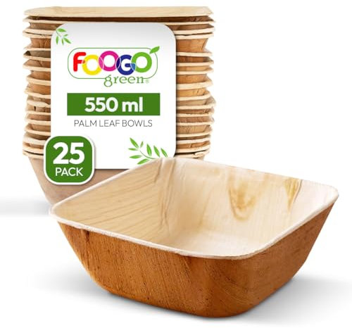 FOOGO Green Palmblatt-Schalen 550 ml, Ø 13 cm, 25 Stück – Stabile Einwegschüsseln aus Palmblättern – Palmblatt-Geschirr kompostierbar & biologisch abbaubar – Einweggeschirr für Party & Picknick