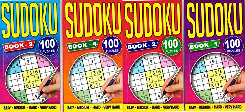 Sudoku Set of 4 Slim Sudoku Books - 100 Puzzles Each, Travel Puzzle Book