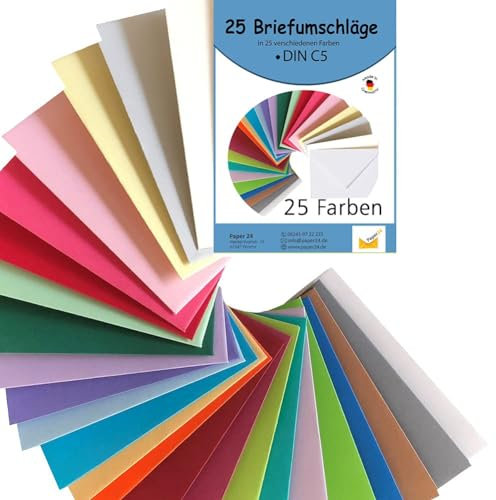 Paper24 Briefumschläge A5 bunt, Umschläge C5 in 25 unterschiedlichen Farben als Set, nassklebend, ideal zum Basteln, zu Weihnachten oder als Geschenkidee DIN C5 für A5 Karten