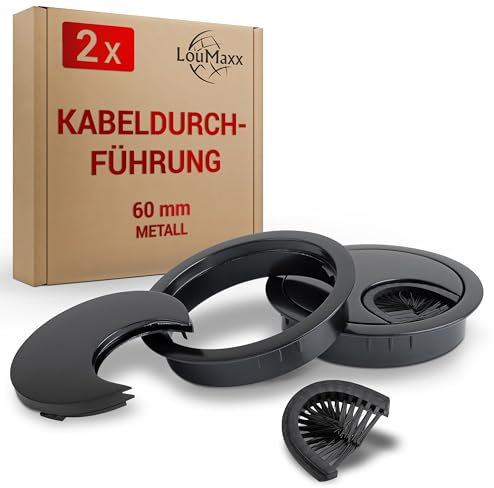 LouMaxx Kabeldurchführung 60mm Ø - 2er Set Kabeldurchlass Metall Schwarz - Kabeldurchführung Schreibtisch mit Staubdichtung – für mehr Ordnung