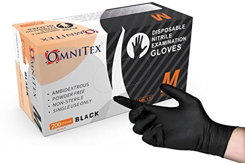 Omnitex Box 200 Premium Disposable Black Nitrile Gloves | Powder Free | Latex Free | Ambidextrous | Food Safe | EN455 EN374 EN420 | CE & UKCA Cat3 grade (Large)
