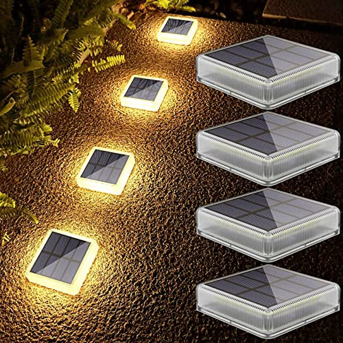 Soslina Solar Bodenleuchten Aussen, Solarleuchten für Außen, Solarlampen Wasserdicht Stufenleuchte, Solar Gartenleuchten, LED Wegeleuchten Auto ON/OFF, Warmweiß 4 Stück