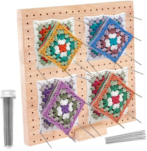 Crochet Blocking Board and Pins Set 9.3 Inch Wooden Granny Square Blocking Board with 20 Stainless Steel Pins and 5 Knitting Needles Reusable Crochet Frame Block Mats Crochets and Knitting Projects