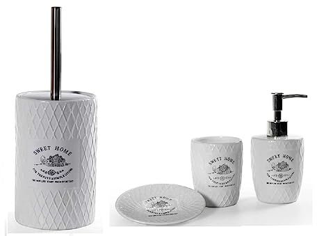 EDITACASA - Set accessori, kit di 4 accessori da bagno, con dispenser per sapone, porta saponetta bicchiere e scopino per WC articoli in ceramica, linea Sweet Moment - vintage