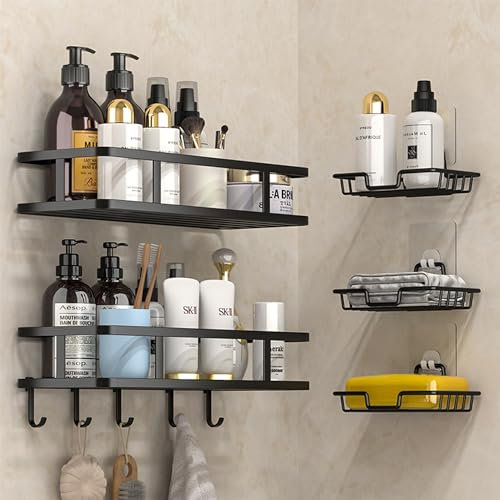 LAIWOO Duschablage Ohne Bohren, Duschregal, 5er Set Duschkorb und Seifendose, Badezimmer Organizer Selbstklebendes mit 5 Beweglichen Hakenfür Bäder Küchen, Schwarz