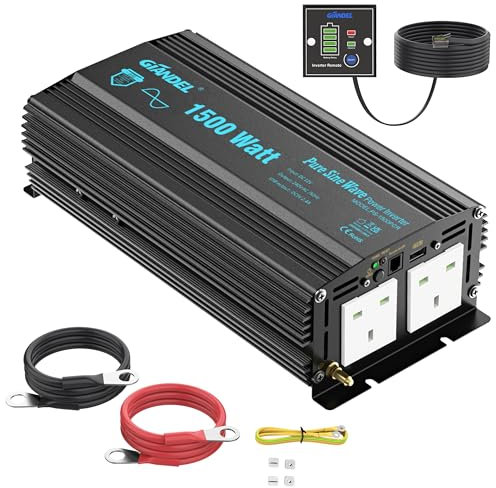 Pure Sine Wave Power Inverter 1500W DC 12V to AC 230V 240V with 4.5m Battery Status monitor Remote Controller 2.4A USB Port