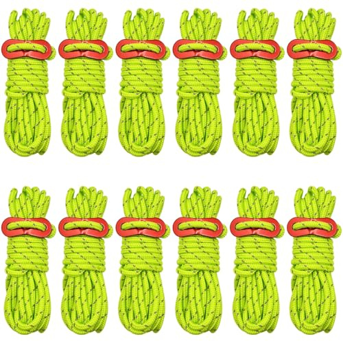 Abaigeal 12 Pcs 4MM Reflective Tent Guy Ropes, 4M /13FT Long Light-Weight Tent Guide Lines Cord Guy Ropes with Aluminum Tensioners Adjuster for Outdoor Camping Hiking Awning Tents Windproof