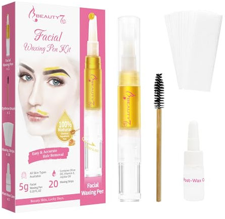 Beauty7 Kit di Cera per Sopracciglia Penna per Ceretta Allo Zucchero + 20 Strisce Depilatorie, Formula di Zucchero Senza Calore per Ceretta del Viso per il Labbro Superiore, Guance e Mento