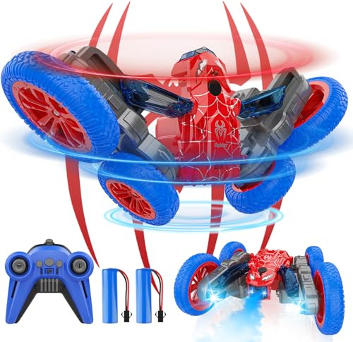 BAIWU Spider Remote Control Car, 4WD Stunt Vehicle for 360° Flips Off-Road, with Dazzling Spray & LED Lights, 2.4GHz RC Toy for Boys Girls 6-12