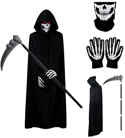 GTYZZH Halloween Grim Reaper Costume, Scary Halloween Costume Set with Black Hooded Cape, Skull Facewear, Skeleton Gloves and Death Scythe, Ideal for Halloween Cosplay Costume Props