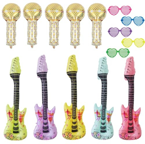 15 PCS Inflatable Party Props Party Props for Kids Adults Party Decoration, Party Decoration Balloon with Colored Glasses(5 PCS Inflatable Guitar, 5 PCS Inflatable Microphone, 5 Glasses)