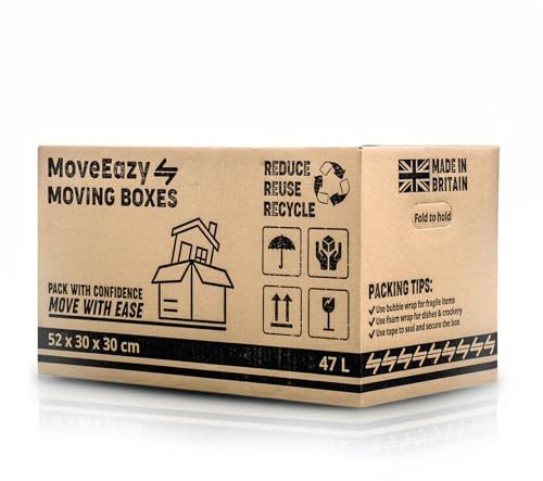 MoveEazy Cardboard Moving Boxes Large Box Strong House Packing Storage Removal with Carry Handles 52cm x 30cm x 30cm (47 Litres) (47L, Pack of 40)