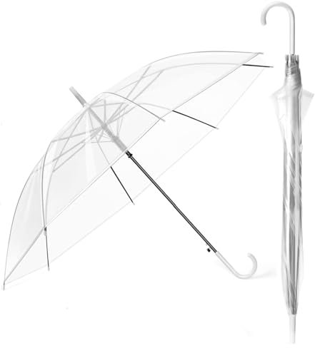 Ichigo Ichie Paraguas Largo Transparente Resistente al Viento con 8 Varillas de Fibra de Vidrio, Mango Curvado, Ligero y Portátil, Protección Contra la Lluvia, Ideal para Bodas, Viajes y Uso Diario
