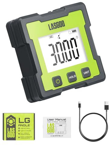 LASGOO Digitaler Winkelsucher, wiederaufladbarer Winkelmesser, magnetischer Neigungsmesser mit LCD-Anzeige, 4 Messeinheiten für Holzbearbeitung, Tischsäge, Bau, Metallbearbeitung