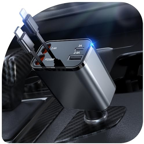 2026 Updated 85W Retractable Car Charger, 4-in-1 Fast Car Phone Charger with 2.6ft Two Retractable Cables and USB C+USB A Car Charging Block Cube, Compatible with iPhone 13 14 15 16 17 Pro Max, Plus