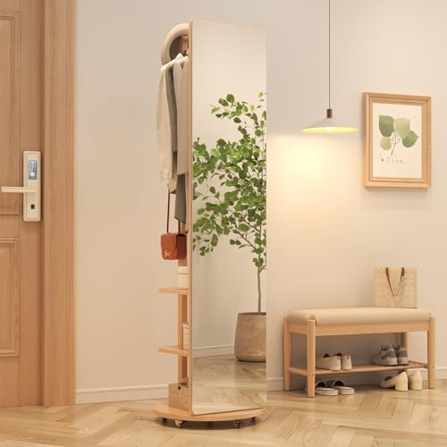 Muwuele Solid Wood Full Length Mirror Coat Rack, 70 x 20 Oversize Standing Mirror Full Length with Brake Wheels, Floor Mirror for Living Room, Entryway (Natural)