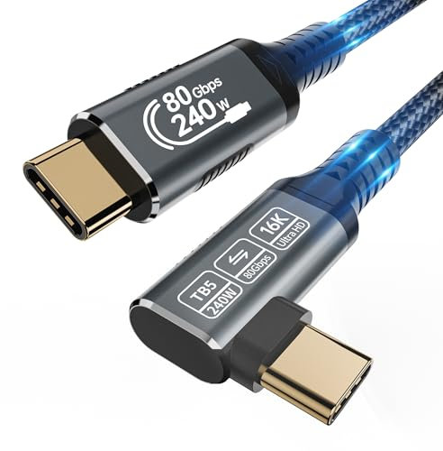 HOTUTUKI 80GBPS cable datos usb c Compatible con thunderbolt 5 90 grados 1M, 240W PD3.1 Cable USB C Carga Rapida, HDR 16K/8K@60Hz para Thunderbolt 4/USB5,SSD, Monitor