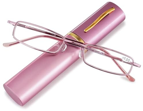 Reading Glasses Slim Pen Reading Glasses Blue Light Blocking Metal Readers In Tube Case Superlight Spring Hinge Pocket Portable Eyewear Thin Travel Eyeglasses 1.0+ 1.5+ 2.0+ 2.5+ 3.0+(Pink,2.0 x)