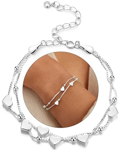 CASSIECA Bracelet Femme Argent Sterling Réglable Bracelets Empilable Bracelet en Perles Cœur Charm Bracelet Argent Bijoux pour Femme