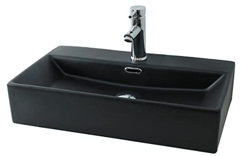 LuxeBath Waschbecken Keramik, 605x365x130 mm eckig, Schwarz, Aufsatzwaschbecken für Badezimmer und Gäste-WC, Aufsatzbecken mit Hahnloch, Hängewaschbecken Wandmontage, Waschtisch Waschschale Waschplatz