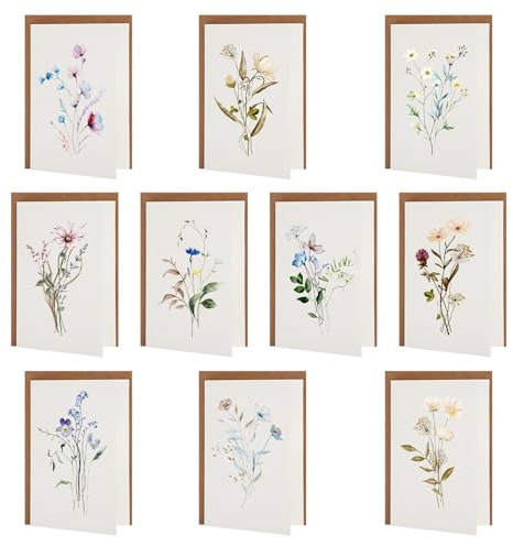 Tarjetas de Agradecimiento Flores Silvestres,Set de 10 Tarjetas con Sobres Kraft y 25 Pegatinas Doradas en Forma de Corazón,Tarjetas en Blanco para Bodas, Cumpleaños, Profesores, Familia y Amigos