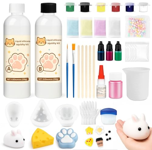 1DFAUL 17.6oz Kit per creazione squishy silicone liquido, senza bolle e a polimerizzazione rapida, con coniglio, zampa di gatto, stampi per formaggio, divertenti antistress, regali fai da te