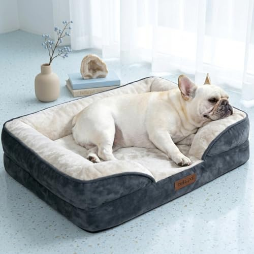 BELLA & PAL Orthopedic Dog Bed for Small/Medium Dogs, 71x59x16 cm Bolster Dog Sofa with Egg Crate Foam, Washable Removable Cover | Waterproof Liner | Non-Slip Bottom | Skin-Friendly, Grey