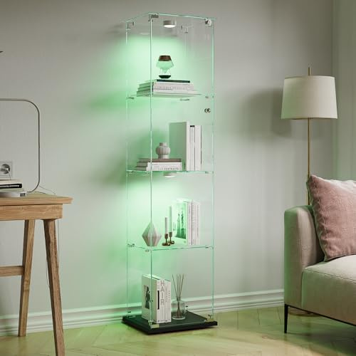 AZJSAHAH Vitrinskåp, glas, modernt, glasvitrinskåp, stående samlarvitrinskåp, vitt stående vitrinskåp, smalt hörnvitrinskåp, glasskåp med LED-glasmonter med lås, glasskåp (svart, 1 dörr, 4 lager LED)