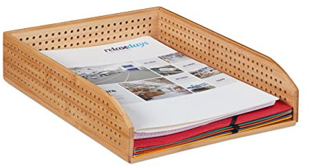 Relaxdays Dokumentenablage Bambus, perforiert, stapelbar, A4, Schreibtischablage, Büro, HBT: ca 7 x 25 x 33, natürlich