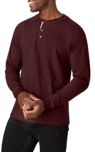 Hanes mens Beefy Long Sleeve Three-button Henley Shirt, Mulled Berry, Large US