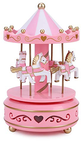 QCHOMEE Windup 4-Horse Rotating Carousel Classical Music Box Merry-go-round with Colorful Change LED Luminous Light Melody Artware Birthday Christmas Festival Musical Present Home Accessories