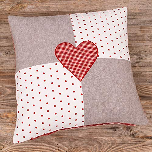 Kissen-Bezug in 40x40 cm für Deko-Kissen Sofa-Kissen - Baumwolle Ric-Rac Kissen-Hülle ROSI Herz rot weiß grau kariert gepunktet - Waschbarer Reißverschluss Zierkissen-Bezug für Couchkissen