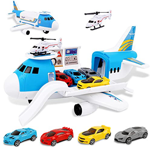m zimoon Avions Jouets Transporteur Ensemble avec 4 Voitures , 1 pièces Hélicoptère Jouet et 1 Bricolage Autocollants Cadeau pour 3-12 Ans Garçons Filles