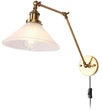 E27 Vintage Wandleuchte Verstellbarer Lange Arm mit Schalter Wand-Leselampe Rustikale Metall Wandlampe Nachttischlampe,1,8M Kabel mit Stecker, Glas Lampenschirm, für Schlafzimmer Wohnzimmer Esszimmer