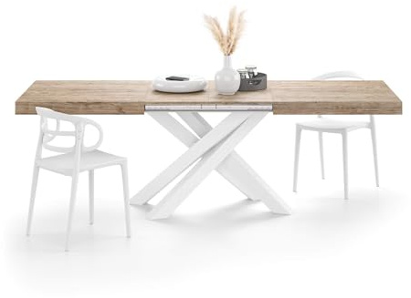 MOBILI FIVER, Table Extensible Emma 160(240) x90 cm, Chêne Naturel avec Pieds Croisés Blancs, pour 6-10 Personnes, Table Extensible pour Cuisine, Salon, Made in Italy