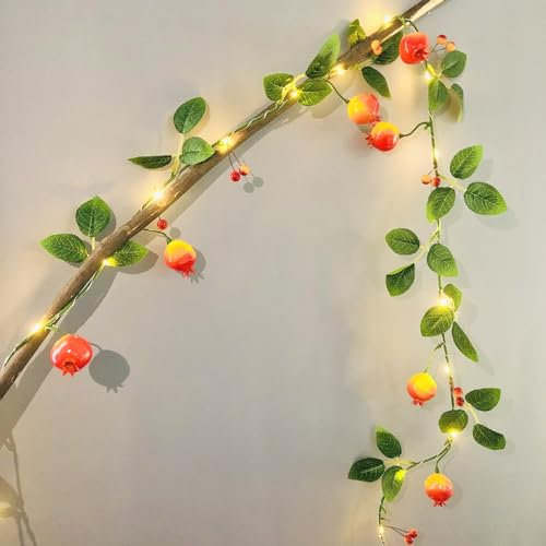 Künstliche Hagebutten Girlande Faux Obst Granatapfel Reben Hängende Beeren Fee LED Lichterkette Batteriebetrieben für Weihnachtsfeiertagsdekoration (Granatapfel Lichterkette)