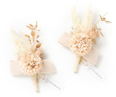 Ling's moment Boutonniere for Men, 2pcs Groom Groomsmen Guest Boutonniere, Artificial Flowers for Wedding/Prom/Homecoming, etc.Boho Gold Pompon Mum