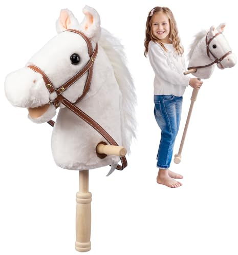 HollyHOME Stick Horse Plush Handcrafted Hobby Horse on a Stick with Wood Wheels Real Pony Neighing and Galloping Sounds for Kids Toddlers White 36 Inches(AA Batteries Required)