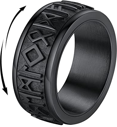 FindChic Anti Stress Schwarz Ring Herren Viking Rune Fingerring Edelstahl drehbarer Fidget Fingerring Wikinger nordische Bandring mit Geschenkebox für Hochzeit Verlorbung Party, 67