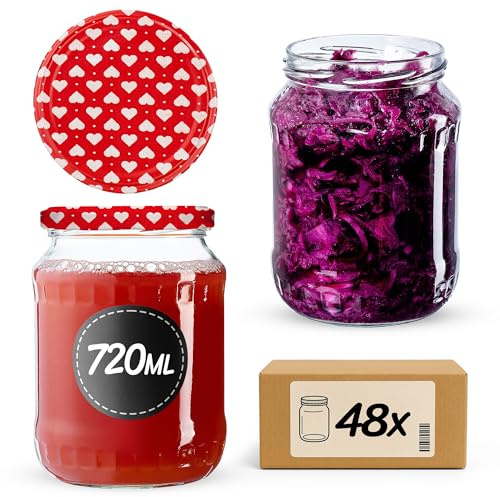 KADAX Konserveringsburkar, syltburkar 720 ml, konserveringsburkar med skruvlock, glas med skruvlock, konserveringsburkar, förvaringsburkar att sätta in (hjärta/48 stycken)